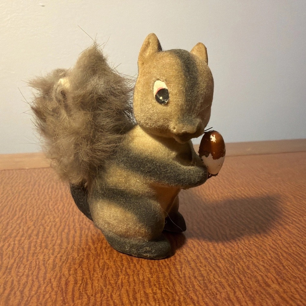 Vintage Flocked Celluloid Real Fur Brown Squirrel Made in Japan Vtg